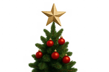 Christmas tree top with golden star and red ornaments on transparent background, celebrating holiday season