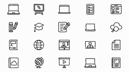 Illustration of various educational and technological icons including computers and learning materials