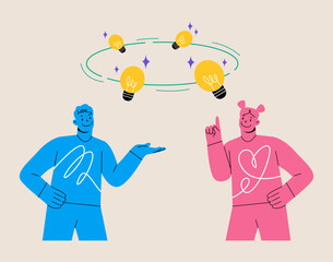 Exchange perspective concept. Man and woman having conversation with idea light bulbs spinning.  Colorful vector illustration