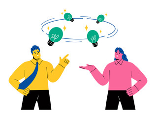 Exchange perspective concept. Business man and business woman having conversation with idea light bulbs spinning. Flat vector illustration isolated on white background