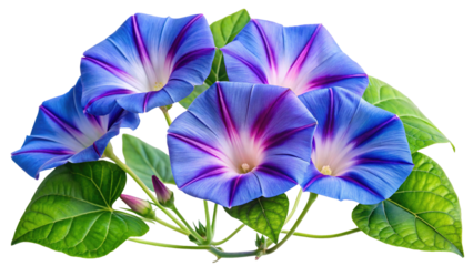 A cluster of vibrant blue and purple morning glory flowers with green leaves, isolated on transparent background