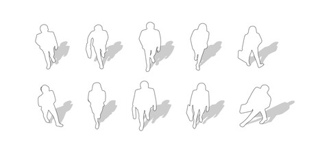 CAD Drawings. Outline Set of Business People walking isolated on white background. Top view. Vector illustration.