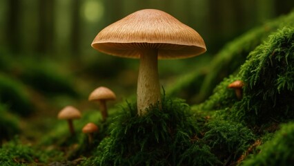 Fototapeta premium Mushrooms thriving in lush forest wallpaper for desktop