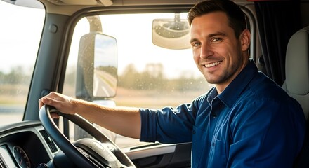 Obraz premium Man truck driver smiling in semi truck cabin. Professional boy at work, male occupation concept for job diversity.