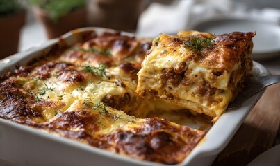 A full baking dish of homemade lasagna cut into squares, one slice lifted with a spatula showing gooey melted cheese