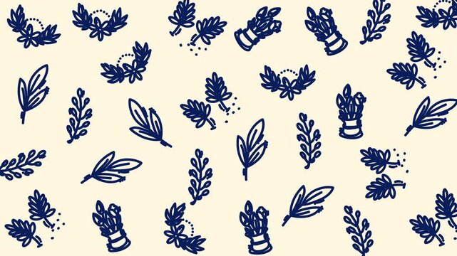 Animated leaf and herb pattern with navy blue sketch style, perfect for botanical, natural, or minimalist designs