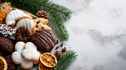 A plate of assorted cookies and pastries with a pine tree in the background with copyspace