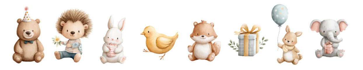 Cute watercolor baby animals set with bear, bunny, hedgehog, elephant, fox, bird, balloon, gift and floral elements. Collection of Vector illustrations. Perfect for invitation, card, poster, banners