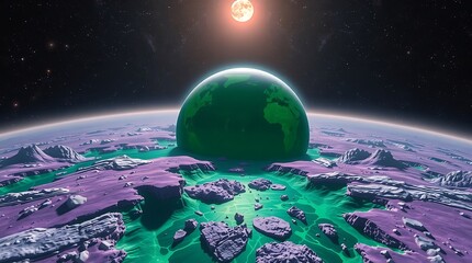 A green planet with purple land and a bright moon