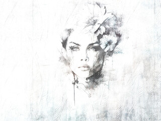 Beautiful woman's face with a flower on her head. Mural.	