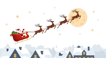 Santa Claus and his reindeer sleigh soar through a starry night sky delivering gifts over a snowy village rooftops scene