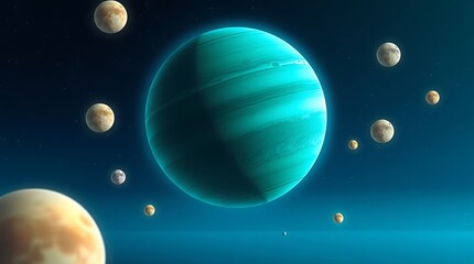 Obraz premium A teal planet with moons in a dark blue space