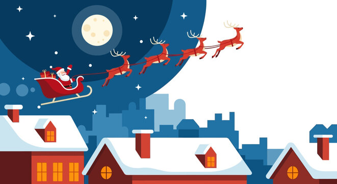 Magical Santa Claus soaring through starry night sky delivering gifts over snowy rooftops, bringing festive holiday cheer