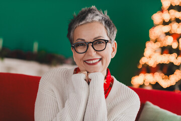 Charming middle-aged woman in cozy indoor setting with festive Christmas tree and decorations,...