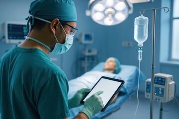 Dedicated surgeon in teal scrubs meticulously navigates a digital tablet, enhancing patient care and precision within an innovative modern surgical suite