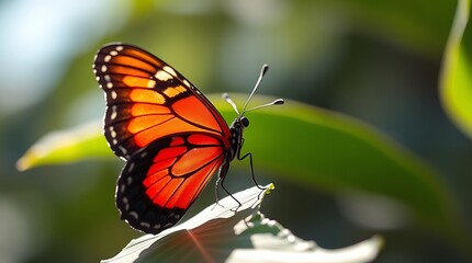 Obraz premium Orange butterfly resting on a green leaf surface
