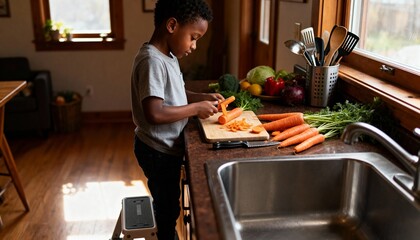 Child peeling carrots with peeler at kitchen table in warm afternoon light with focused and engaged