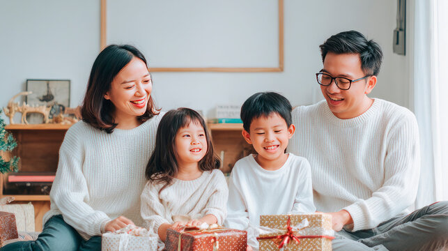 asian family celebrating christmas morning opening gifts in a bright minimalist home - Powered by Adobe