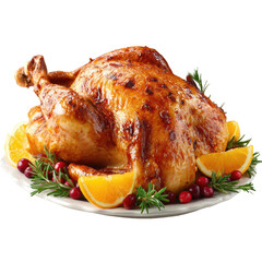 Roasted turkey on a platter garnished with oranges, cranberries, and rosemary against a dark background