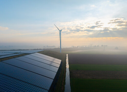 Solar panels and wind turbine on former landfill in Waalwijk Netherlands