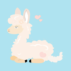 Cute white lama cartoon with hearts on blue background. Adorable alpaca illustration for kids, nursery, prints, or greeting cards. Vector illustration in pastel colors