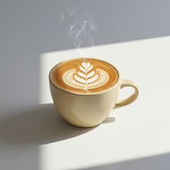 A steaming cup of latte art on a white table with sunlight casting a shadow nearby