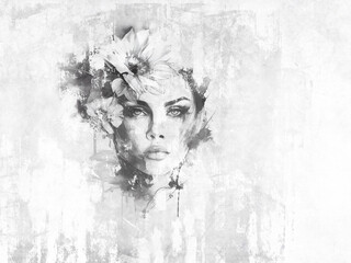 Beautiful woman's face with a flower on her head. Mural.