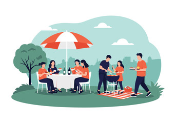 Naklejka premium Group of young friends having a fun barbecue party in the park.