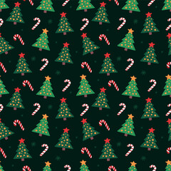 Holiday Christmas trees, sweets with a simple vector drawing. New Year's pattern on a dark green background for packaging design.