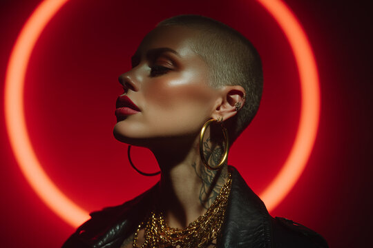 dark red and black neon color scheme, glowing light circle in the background, a stylish woman with a buzzcut or shaved sides, visible scalp tattoos - Powered by Adobe