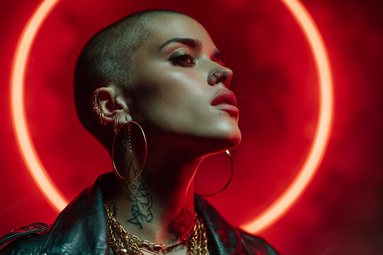 dark red and black neon color scheme, glowing light circle in the background, a stylish woman with a buzzcut or shaved sides, visible scalp tattoos