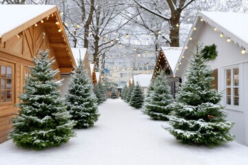 Christmas market stalls and fir trees covered in snow