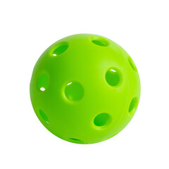 green plastic pickleball ball with multiple circular holes on transparent background