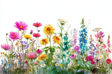 Watercolor Painting of Colorful Wildflowers in Bloom Against White Background; Artistic Floral Illustration of a Vibrant Meadow