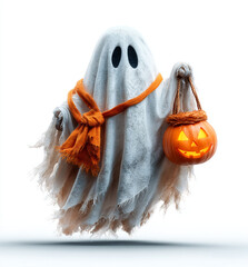Cute Ghost Wearing Scarf Holding Glowing Pumpkin Bucket Isolated