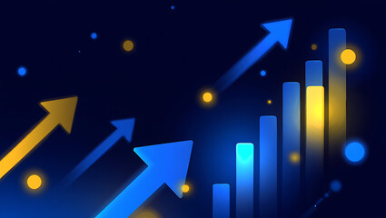 Abstract digital illustration of upward trending stock market charts and arrows symbolizing financial growth and success against a dark blue background