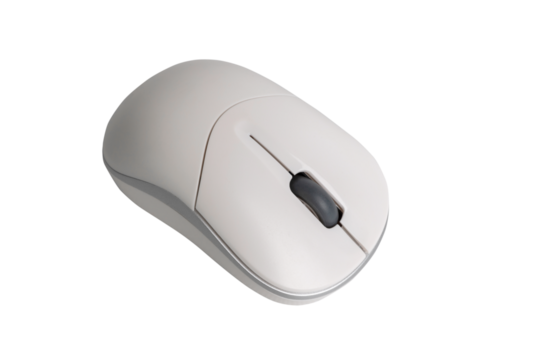Wireless white computer mouse with scroll wheel on transparent background for office and home use
