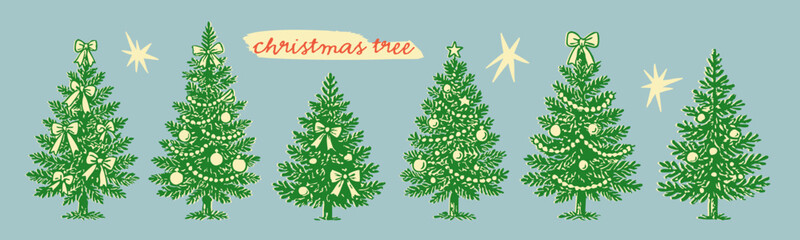 Winter spruce Trees with various decoration. Garland, toys, ribbons. Retro cartoon style. Hand drawn Vector illustration. Isolated design elements. Christmas, new year celebration, holiday concept