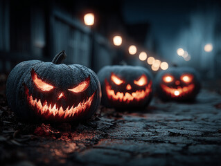 Scary Jack O Lanterns Line Cobblestone Street Foggy Night