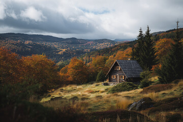 A solitary wooden cabin nestled in an autumn mountain valley, surrounded by colorful deciduous forest and misty ridgelines under a moody overcast sky evoking tranquil rustic solitude.