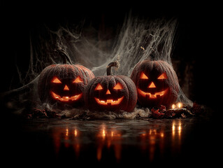 Three Scary Halloween Pumpkins With Cobwebs Dark Night Reflection