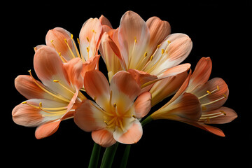 Close-up of delicate orange flowers clustered against a black background, showcasing soft petals, yellow stamens, and vibrant floral textures in dramatic low-key botanical lighting.