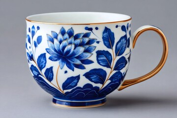 Teacup with blue and white floral chinoiserie pattern