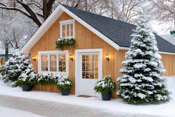 Wooden cabin celebrating winter holiday season with snow