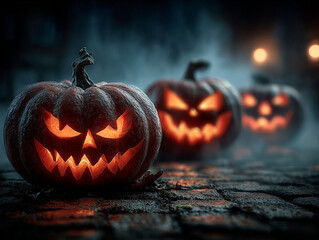 Three Scary Glowing Jack O Lanterns On Cobblestone Street Night