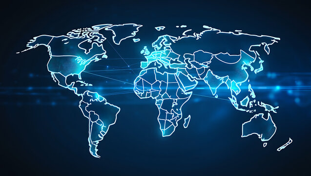 Glowing neon world map outline on a dark blue background with subtle light streaks representing global connections
