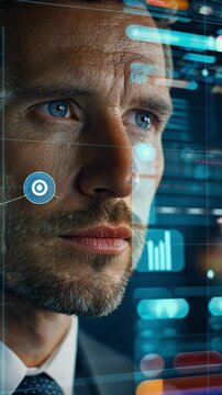 Focused Intensity: A determined professional, immersed in the digital realm, gazes intently at the intricate data displays before him, with a fusion of technology and human focus.