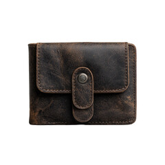 Distressed leather wallet with a flap closure and button isolated on a black backdrop