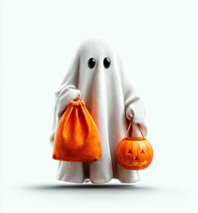 Cute Ghost Character Holding Trick Or Treat Bag And Pumpkin Bucket