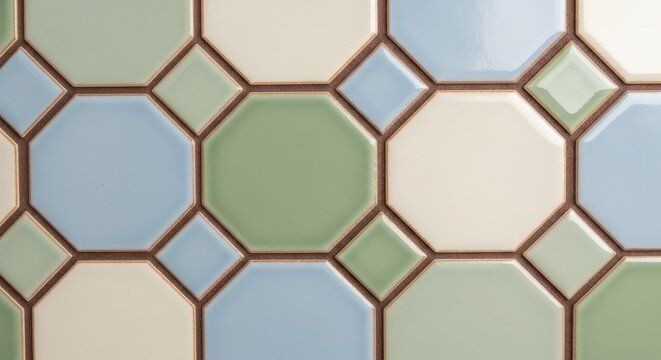 Close up of a tile pattern with green, blue, and white octagon and square shapes